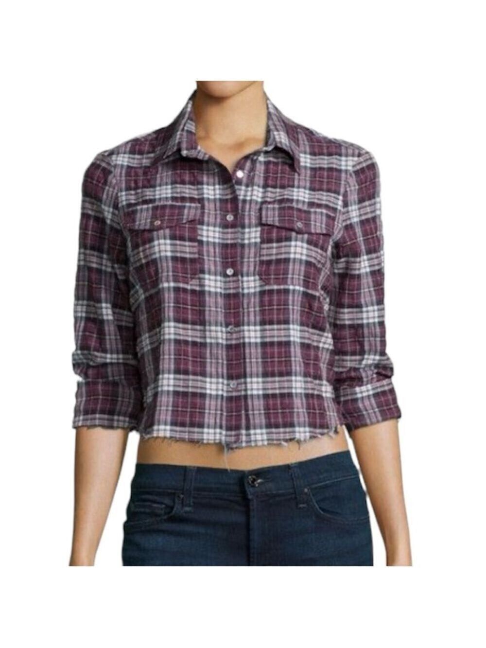 Elizabeth and James Buckley shirt wine plaid cropped frayed hem button up S